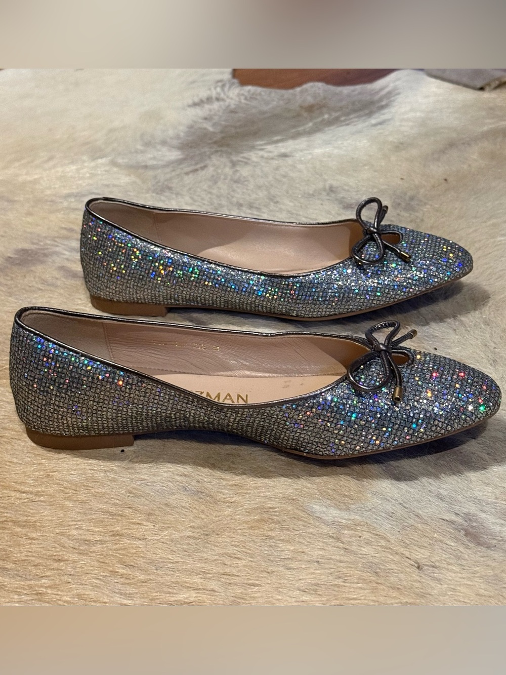 Stuart Weitzman Glittery Silver Rhinestone Ballet Flats with Bow 7.5